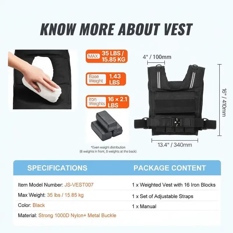 Chaleco lastrado ajustable 15,85 kg para fuerza - Muscle Home